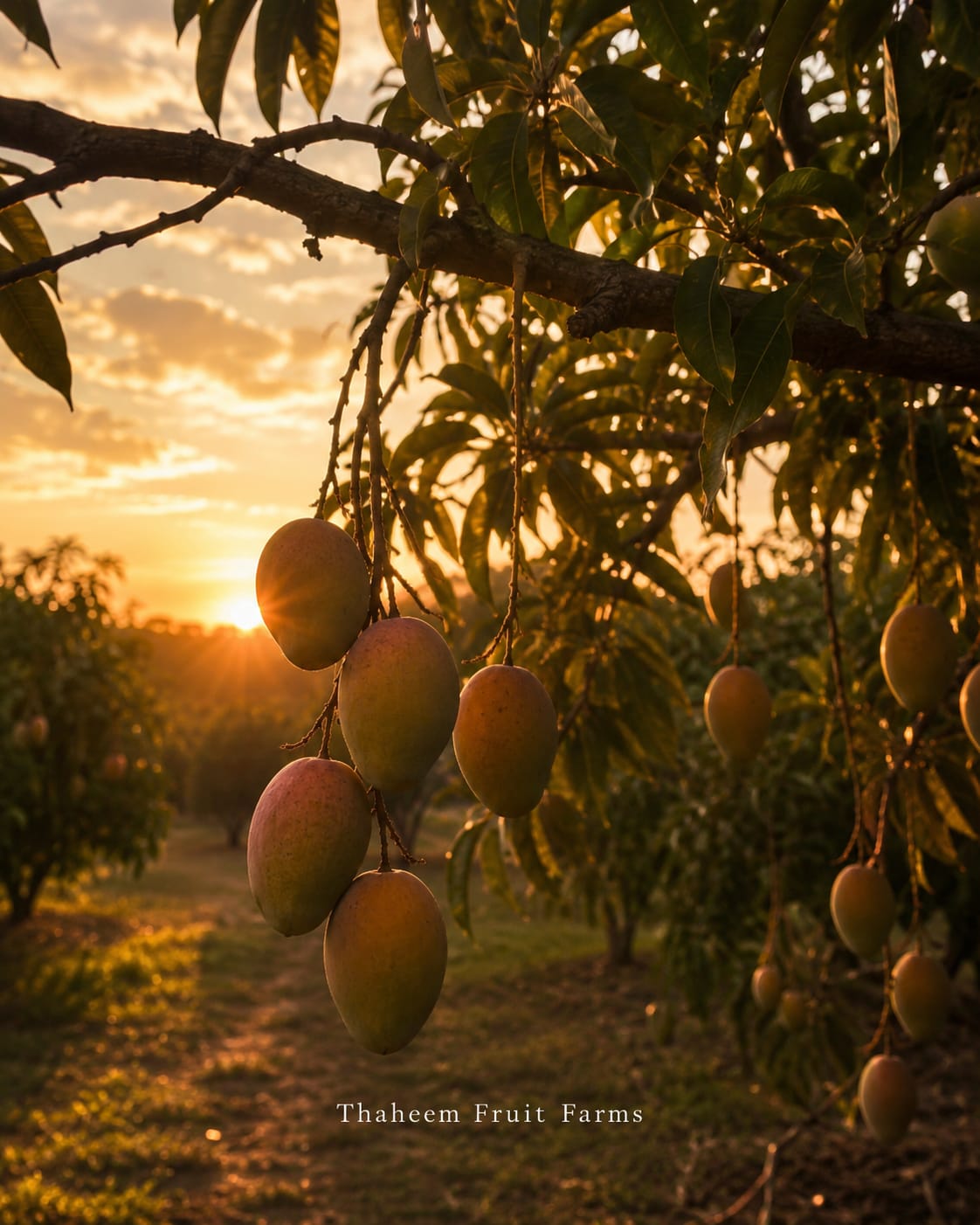 Mango trees at golden hour in the Thaheem Fruit Farms orchard near Multan